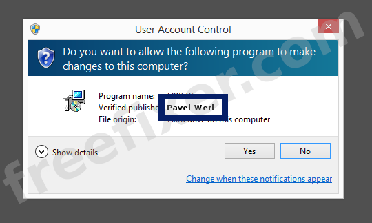 Screenshot where Pavel Werl appears as the verified publisher in the UAC dialog